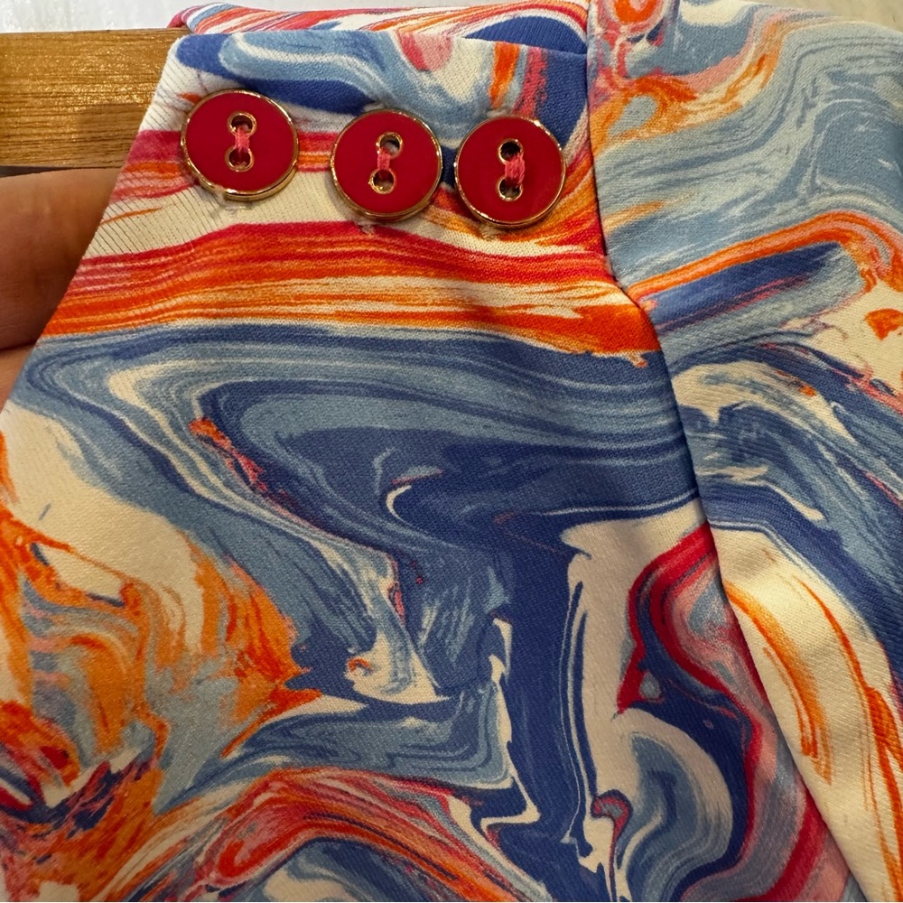 J.McLaughlin Catalina Cloth Fabric Marble Print Top S Blue Pink Orange Stretch - Picture 3 of 11